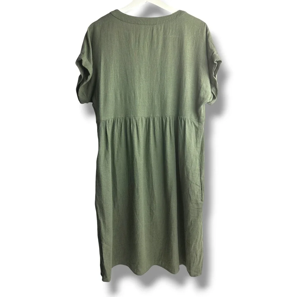 Briggs Linen Blend Dress Womens Small Olive Green V-Neck Cuffed Sleeve Pockets